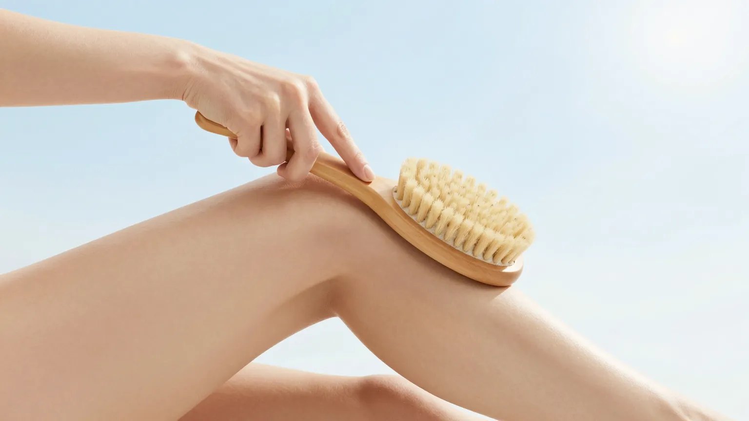 Woman using a wooden dry body brush on her leg