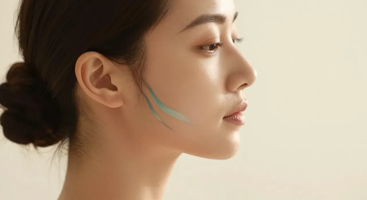 Editorial wellness illustration of facial lymphatic drainage flow lines along jawline