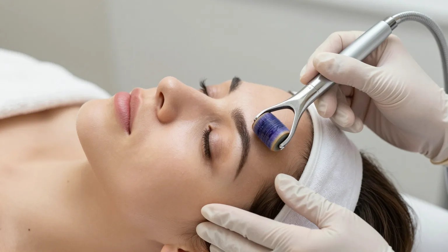 Woman receiving a professional microneedling facial treatment