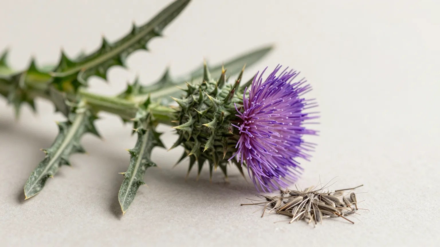 Milk thistle plant with purple flower and seeds
