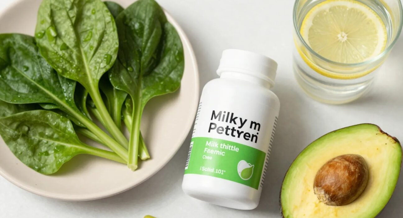 Milk thistle supplement with a healthy plate of greens