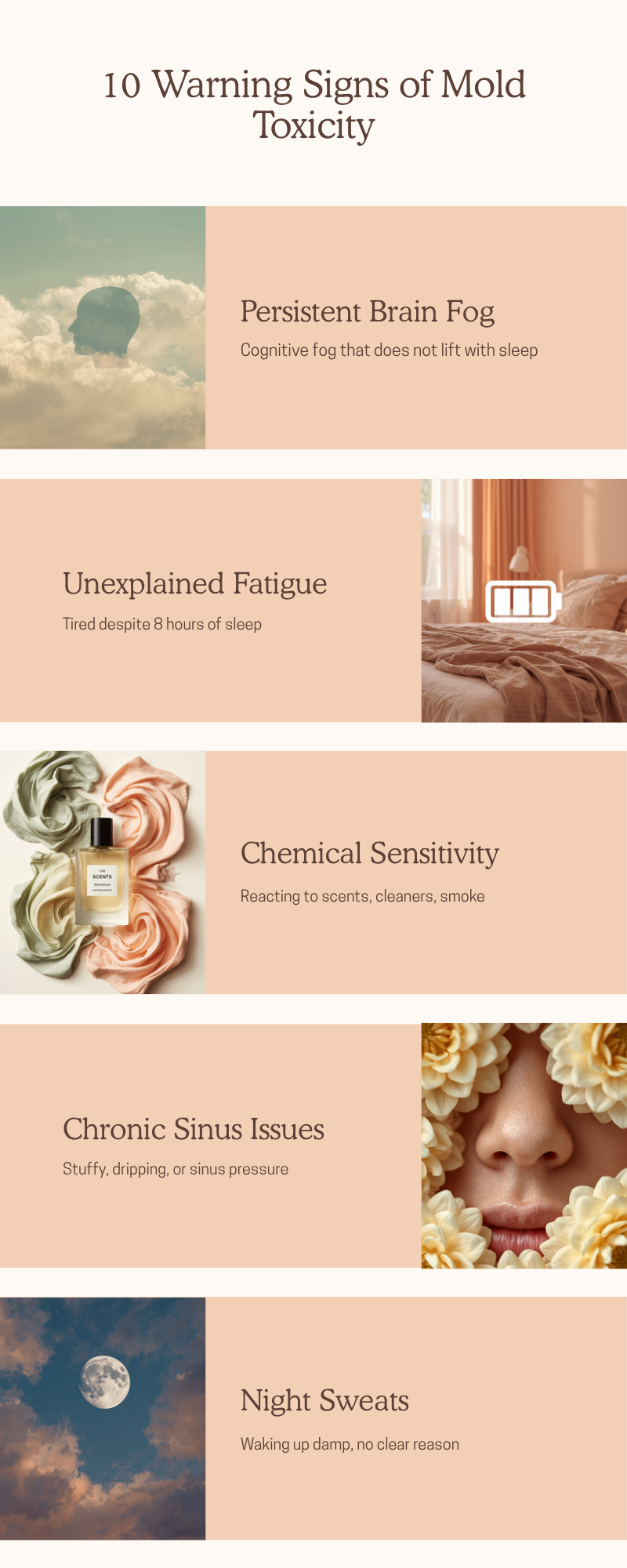 Infographic listing the 10 most common warning signs of mold toxicity including brain fog, chronic sinus issues, fatigue, headaches, mood swings, insomnia, digestive issues, and other symptoms most doctors miss