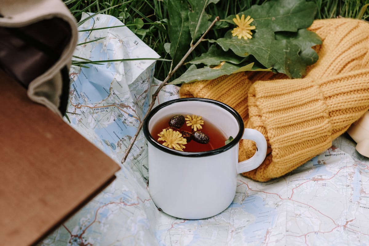 White mug of dandelion tea beside a fresh dandelion flower