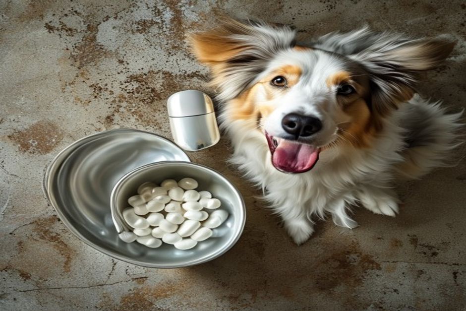Probiotic capsule beside a happy border collie eating for digestive health