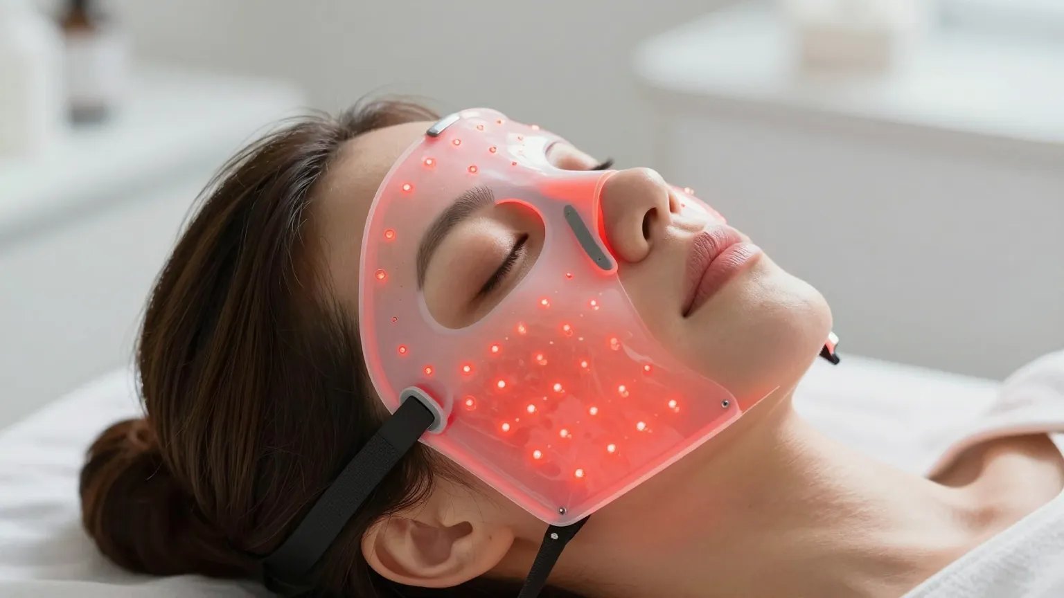 Woman relaxing while wearing a red LED light therapy face mask