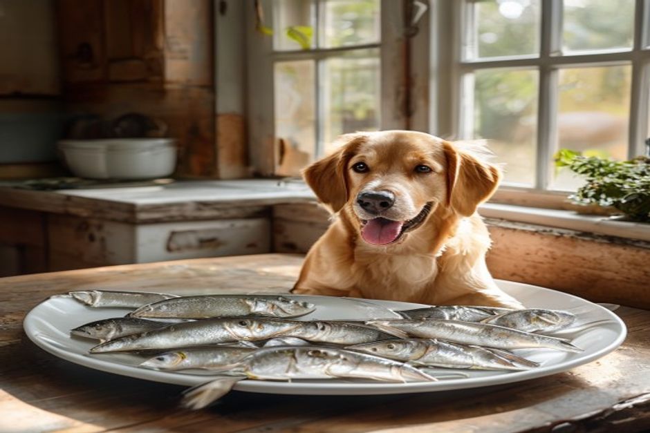 Fresh sardines on a plate beside a happy dog as a healthy omega-rich food topper