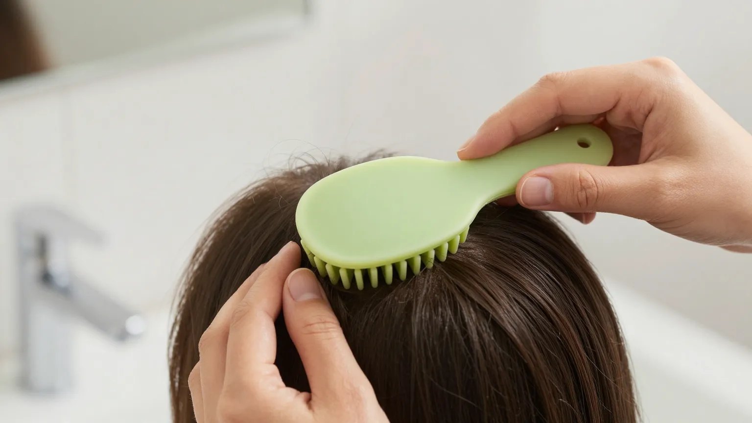 Hands using a silicone scalp massager tool