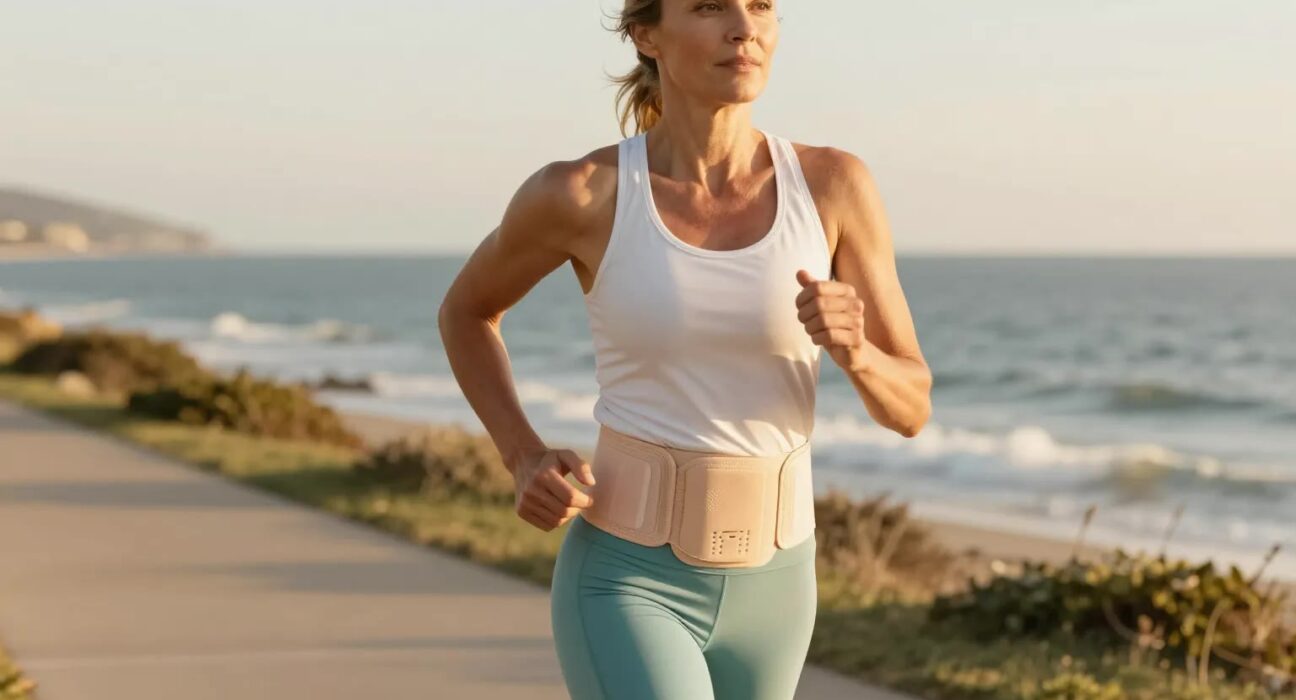Active woman jogging confidently along a coastal path wearing an ostomy support system