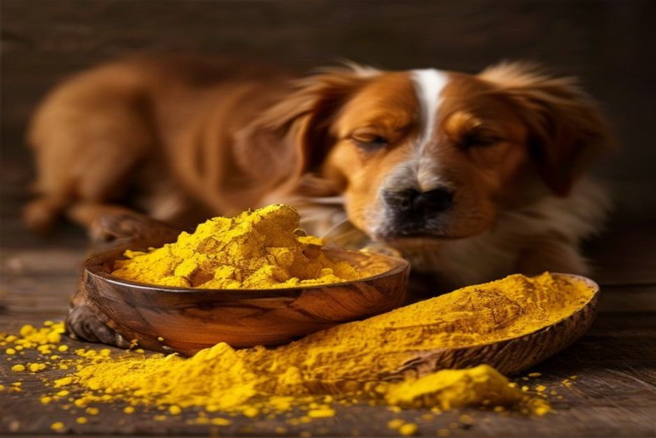 Turmeric root and powder beside a senior dog showing joint support natural remedy