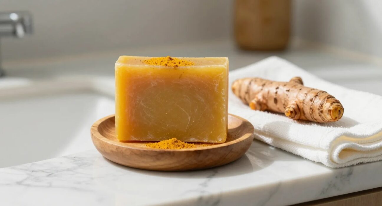 A handmade golden turmeric soap bar with fresh turmeric root