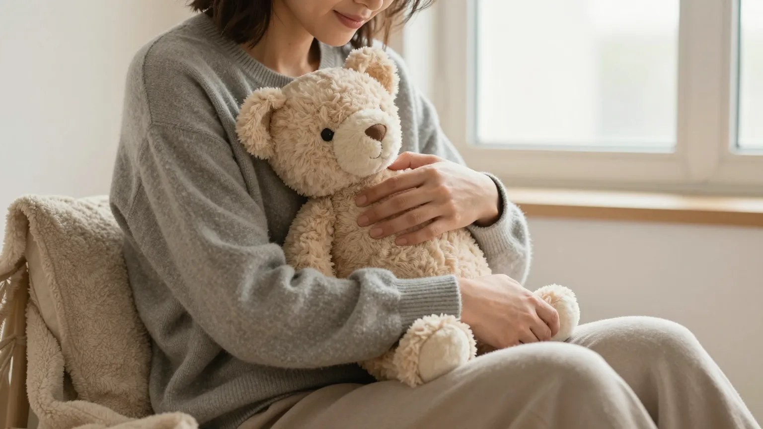 Adult hugging a soft weighted plush animal for comfort by a window