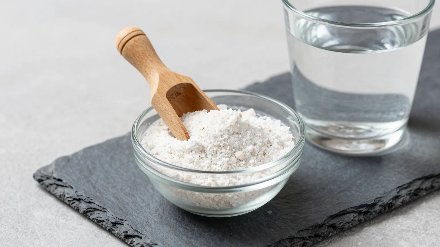 Zeolite clinoptilolite powder in a glass bowl with water