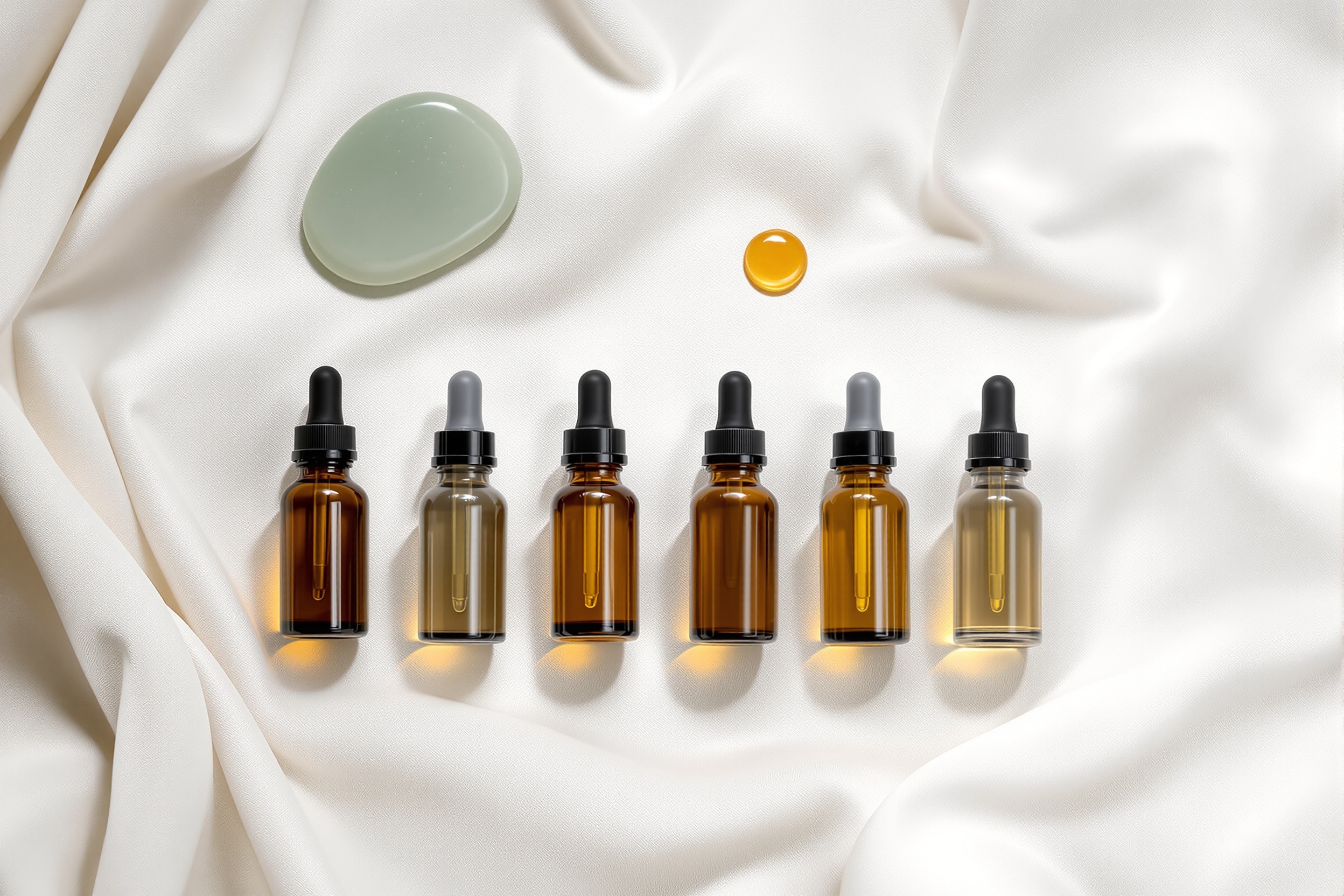 Six facial oils in glass bottles arranged with a sage gua sha stone for comparison