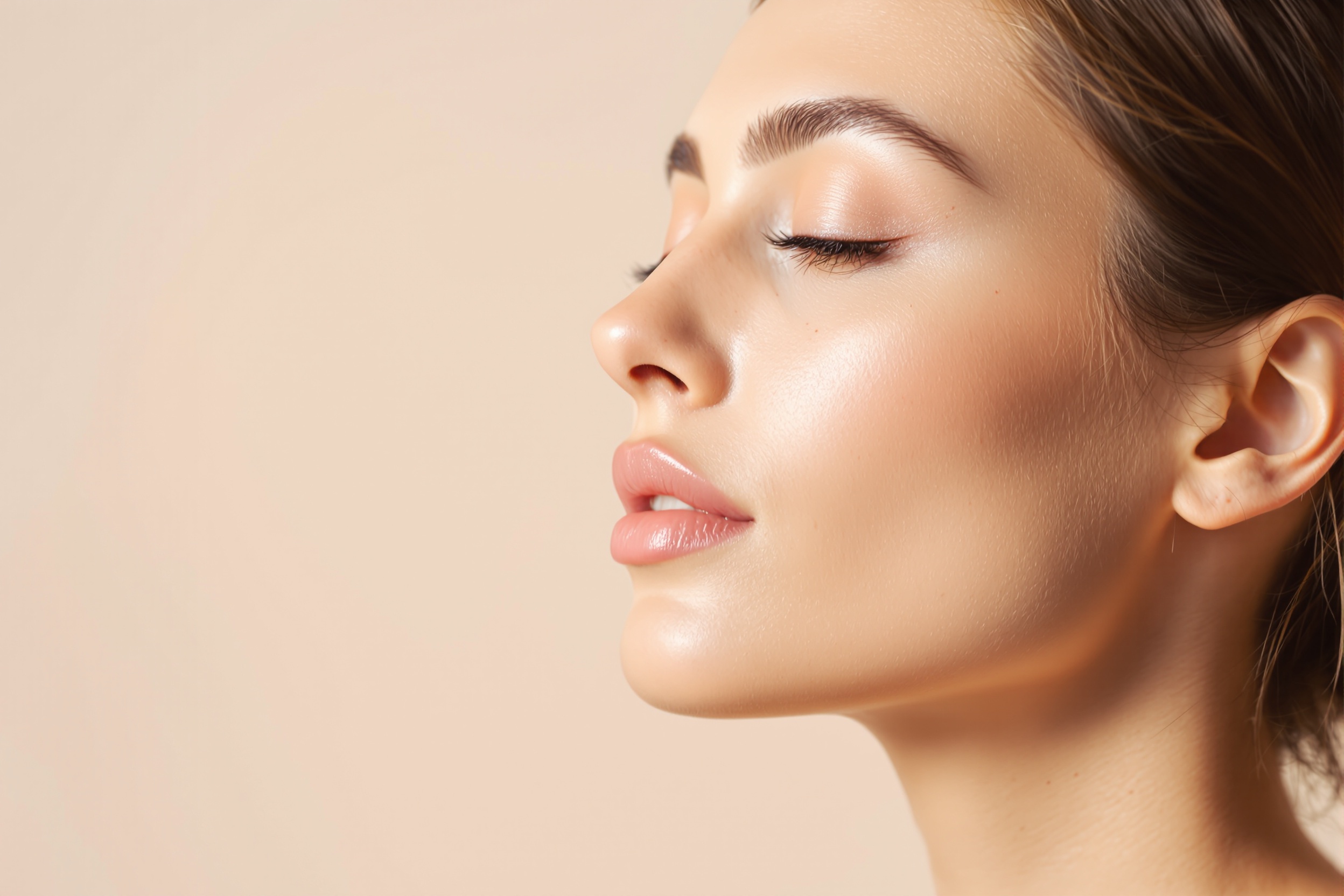 Side profile of woman with smooth lifted skin and clearly defined jaw line after 30 days of facial lymphatic drainage